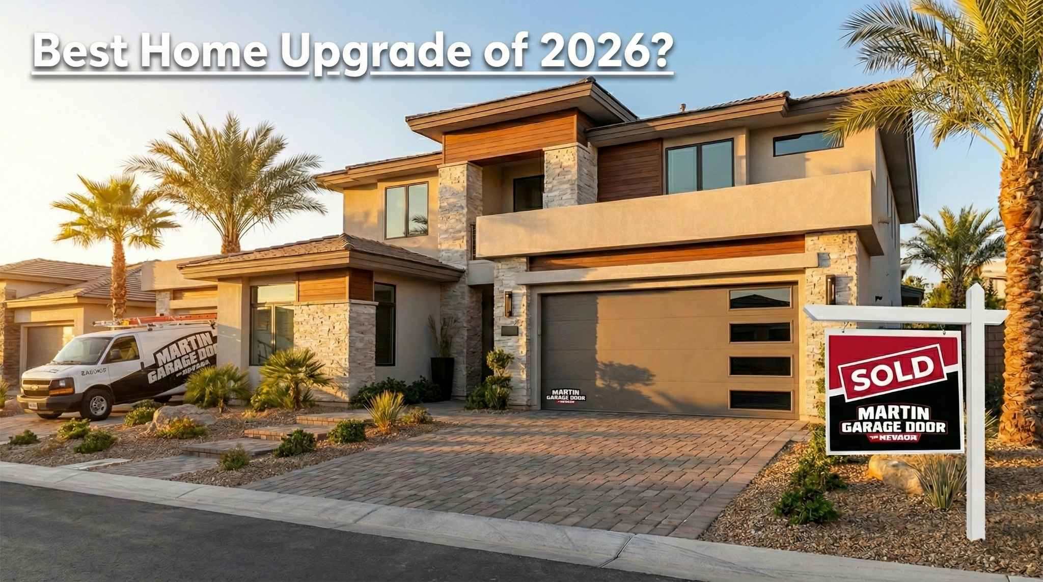 Blog banner showing a modern house with a new garage door, a Martin Garage Door van, and a 'SOLD' sign. Text reads 'Best Home Upgrade of 2026?'