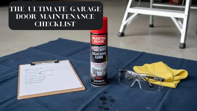 Tools for a DIY garage door maintenance checklist laid out on a work rag, including lubricant, safety glasses, and a clipboard.