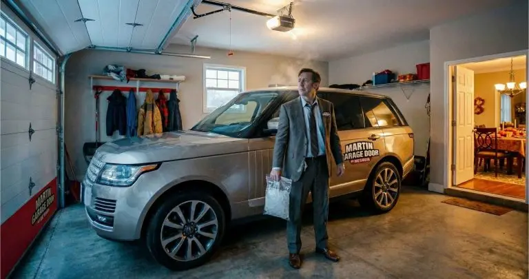 A stressed homeowner in a suit holds a bag of ice in a cold garage next to a Range Rover with the Martin Garage Door of Nevada logo, while a Thanksgiving dinner table waits warmly inside the house.
