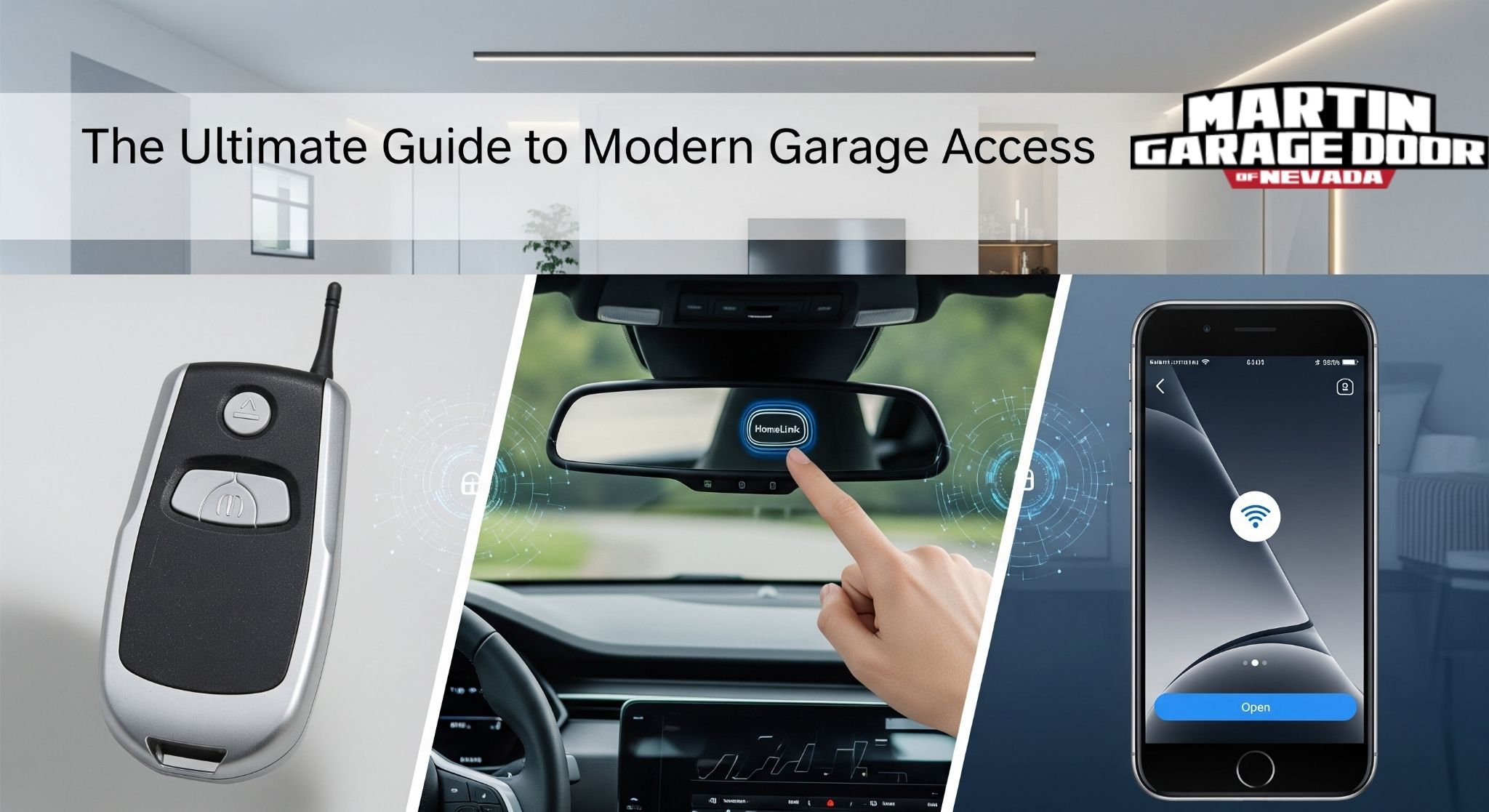 The evolution of modern garage access technology, showing a remote, an in-car HomeLink button, and a smartphone app.